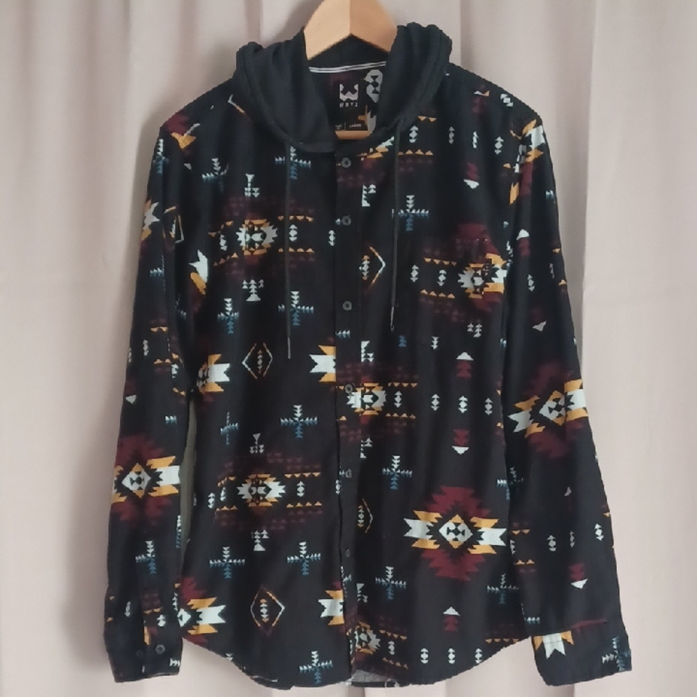 WXYZ Mens Tribal Print Hooded Button Front Shirt Jacket, Large, 100% Cotton